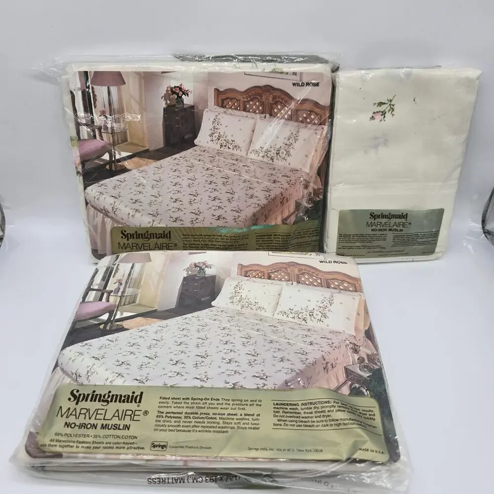 Vintage NOS Marvelaire Springmaid Floral Wild Rose Double Sheet Set Pillowcases